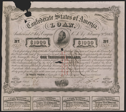 Act of February 20, 1863. $1000. Cr. 122, B-251. Trans-Mississippi Bond. No. 29832. As previous, except for three line red overprint on face and issued in Opelousas, La. on
face. Endorsed on face by A. Desmore. Signed by Tyler. Coupons comp
