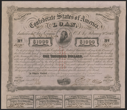 Act of February 20, 1863. $1000. Cr. 122, Ball Unlisted. Trans-Mississippi Bond. No. 26795. As previous, with three red line overprint on face. Issued in Marshall, Texas, and
endorsed on verso by M. J. Hall. Ball does not list or account fo