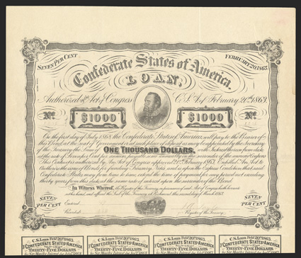 Act of February 20, 1863. $1000. Cr. X-122B, B-C240A. No. 2236. Second Series, white paper. Lt. Gen. TJ. Jackson, center steamboat, bottom. Printed on heavy white paper. No
SECOND SERIES genuine bond exists. The genuine version of this bond wa