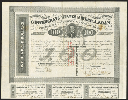Act of February 20, 1863. $100. Cr. 123, B-181. Trans-Mississippi Bond. No. 24271. CSA Vice President, Alexander Stephens. Signed by Rose. Three line red overprint Issued at
Houston Texas Depositary stamped in black on face. Endorsed b