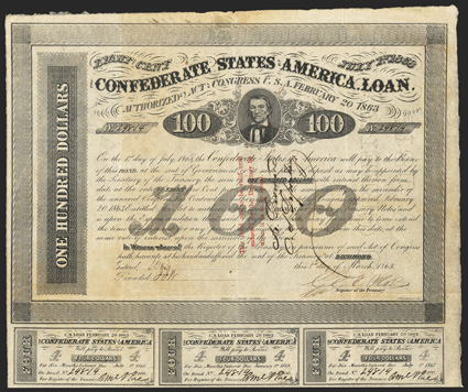 Act of February 20, 1863. $100. Cr. 123, B-188. Trans-Mississippi Bond. No. 24814. As previous with three line red overprint. Printed on bluish banknote paper, watermarked J.
Green & Son, 1862. Signed by Rose. Complete coupons (11). E