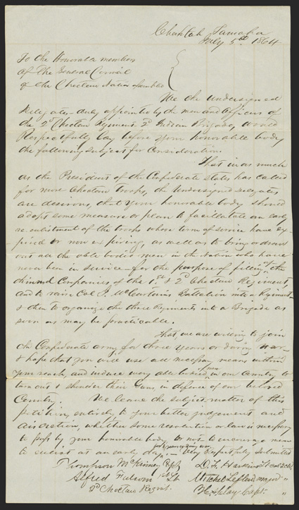 Confederate 2nd Choctaw Regiment Rare Petition Signed by Thompson McKinney Capt, Alfred Fulsom 1st Lt., D.F. Haskins Lt. Col., Mitchel Leflerd, major, and H.S. Clay Capt., of
the 2nd Choctaw Regiment, Chahtah Tamah