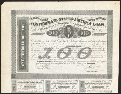 Act of February 20. 1863. $100. Cr. 123A, B-166. No. 8913. As previous. Signed by Tyler. Complete coupons (11) below. Engravers name McKenzie lower left below coupons. Small
tear upper left corner, toned in margins, but about VF. 