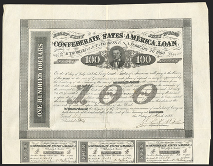 Act of February 20. 1863. $100. Cr. 123A, B-166. No. 16489. As previous, but for G. Wojciechowski, Litho. in lower right hand corner inside border frame. Signed by Rose. On
yellow paper. 7 coupons below. Edge and fold wear, VF. From