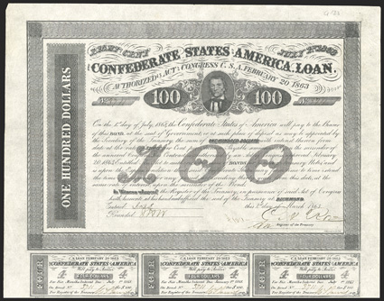 Act of February 20, 1863. $100. Cr. 123A, B-166. No. 3711. As previous. Signed by Rose. 7 coupons below. Soiling along folds, light edge wear, VF. From The Holger Dreher
Collection