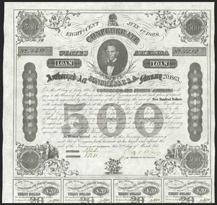 Act of February 20, 1863. $500. Cr. 124, B-192. No. 10280. As previous. Signed by Rose. 7 coupons below. 1411 stamped on verso. Misprint  double print (readily visible on
verso) - to see it, place Bond face on table. Marginal tear in coupo
