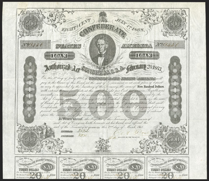 Act of February 20, 1863. $500. Cr. 124, B-192. No. 13446. As previous. Signed by Rose. 9 coupons below. Stain at top left, folds, wrinkles, soiling in margin, good VF. From
The Holger Dreher Collection