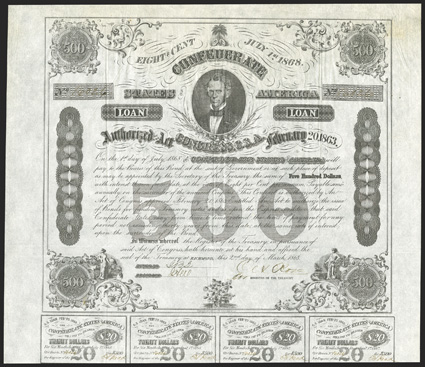 Act of February 20, 1863. $500. Cr. 124, B-192. No. 16026. As previous. Signed by Rose. Engravers name McFarlane below coupons. 10 coupons below. Edge wear, some spotting,
folds, VF. From The Holger Dreher Collection