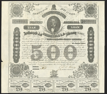 Act of February 20, 1863. $500. Cr. X-124, C192. No. 58164. As previous. Signed by Rose. 9 coupons below. fold wear, edge wear, edge split repaired with tape on verso, about
VF. From The Holger Dreher Collection
