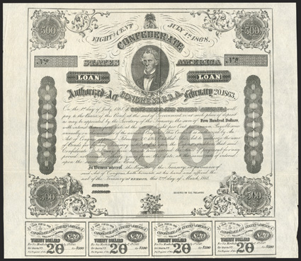 Act of February 20, 1863. $500. Cr. X-124, C192. Unissued remainder. As previous. Unsigned and unissued. Complete coupons (11) below. Engravers name Baxter. Light fold wear,
about VF+. From The Holger Dreher Collection