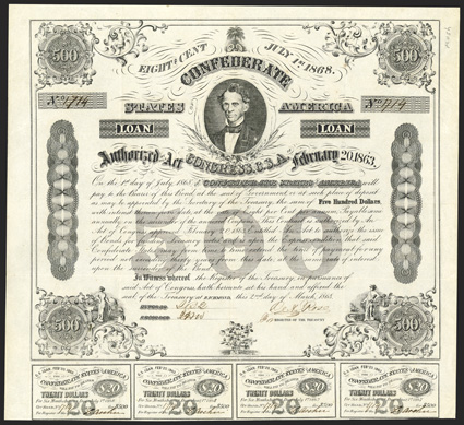 Act of February 20, 1863, Cr. 124A, B-191, $500, March 2, 1863, 1714, Memminger, rectangular LOAN medallions, signed Rose, four coupons, folds, a strong VF+.