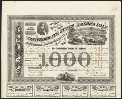 Act of February 20, 1863. $1000. Cr. 125, B-204. Trans-Mississippi Bond. No. 42326.  As previous, but two line red overprint This bond...who issues it on face with all
hand-written endorsement by James Sorley at Houston, Texas. Signed b