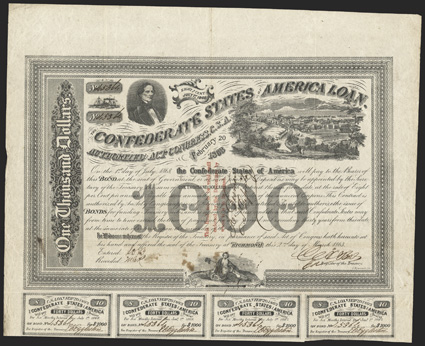 Act of February 20, 1863. $1000. Cr. 125, B-206. Trans-Mississippi Bond. No. 45364. As previous, except three line red overprint on face. Endorsed by Alphonse Desmare, CS
Depositary at Opelousas, La. Signed by Rose. 7 coupons below. Fold