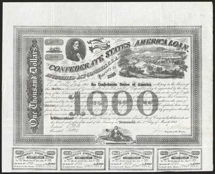 Act of February 20, 1863. $1000. Cr. 125A, B-210. No. 13311. As previous, except on paper watermarked C. Ansell 1863. Signed by Rose. 7 coupons below. Folds, light toning at
edges, a sharp VF. From The Holger Dreher Collection
