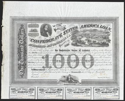 Act of February 20, 1863. $1000. Cr. 125A, B-210. No. 3540. As previous, with watermark. Signed by Tyler. Engravers name Baxter below coupons. 10 coupons below, one missing.
Paper quite blue. Fold wear, heavy wear and soiling along left