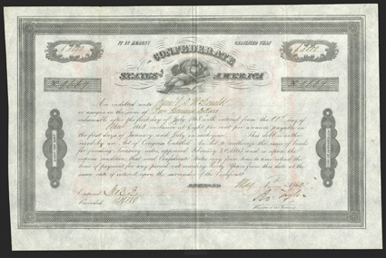 Act of February 20, 1863. $5000. Cr. 126, B-211. No. 2664. Science, center. Signed by Tyler. Red transfer form on verso. Light fold wear and soiling otherwise about
VF+.