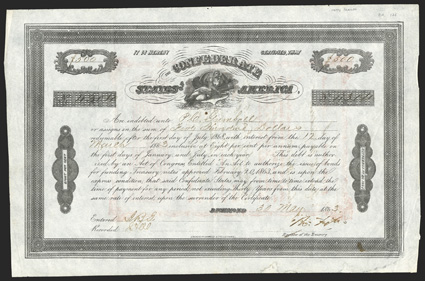 Act of February 20, 1863. $500. Cr. 126, B-211. No. 4304. Science, center. Signed by Tyler. J.T. Paterson. Ink spot center, edge wear, good VF. From The Holger Dreher
Collection
