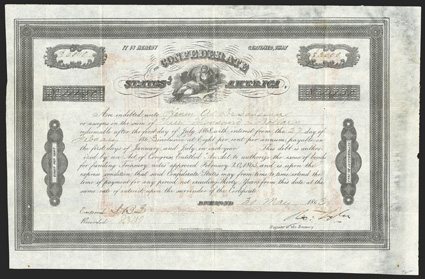 Act of February 20, 1863. $3000. Cr. 126, B-211. No. 4120. As previous. Signed by Tyler. Small nick out at right edge, folds, scant foxing, VF. From The Holger Dreher
Collection