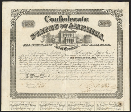 Act of March 23, 1863. $100. Cr. 128, B-260. No. 3665. As previous. Signed by Rose. 7 coupons below. Light foxing, fold wear, VF. From The Holger Dreher
Collection