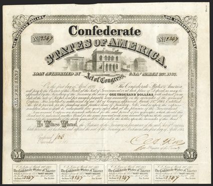 Act of March 23, 1863. $1000. Cr. 130, B-264. No, 2367.  Signed by Rose. 7 coupons. Toned, folds, VF.