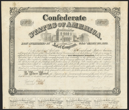 Act of March 23, 1863. $1000. Cr. 130A, B-265. No. 5097. As previous. Signed by Tyler. 7 coupons below. Light foxing, folds, edge wear, solidVF. From The Holger Dreher
Collection