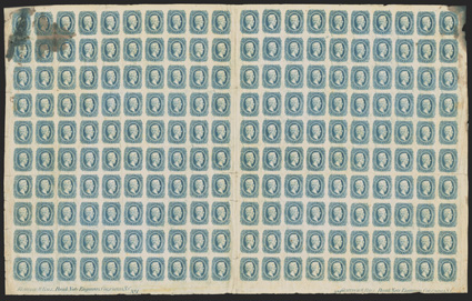 11, 10c Blue, Die A, complete sheet of 200 stamps comprised of two panes with vertical gutter, Keatinge & Ball imprints and plate No. 1, sheet is intact but with stains at top
right and top left resulting in slight paper erosion, vertical crea