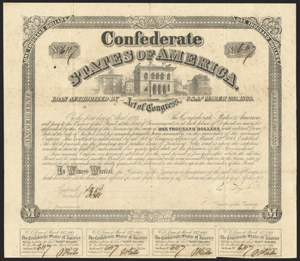 Act of March 23, 1863. $1000. Cr. 130AA, B-266. No. 6117. As previous, except engravers name is 22mm from left border. Signed by Tyler. 7 coupons below. Fold wear, foxing,
overall toning, some soiling, about VF. From The Holger Drehe
