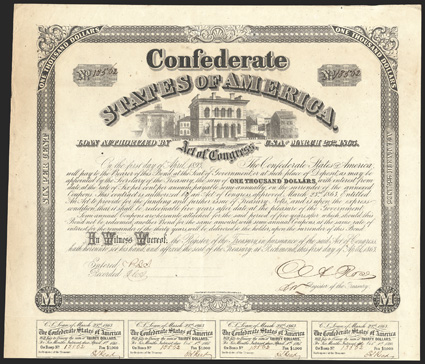 Act of March 23, 1863. $1000. Cr. 130C, B-267. No. 13562. Vignette of the old Custom House in Richmond, Va. Signed by Rose. Complete coupons (10). Evans & Cogswell. Spotting
in margins, edge wear and soiling, a good VF. From The Holge