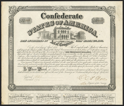 Act of March 23, 1863. $1000. Cr. 130C, B-267. No. 13360. As previous. Signed by Rose. 7 coupons below. Light edge wear, soiled along left edge, a sharp VF. From The Holger
Dreher Collection