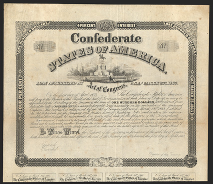 Act of March 23, 1863. $100. Cr. 131, B-270. No serial number. Unissued and unsigned. Vignette of the Washington equestrian monument [used in the Confederate coat of arms],
west of the Virginia capitol in Richmond. Unsigned. Complete coupons (9