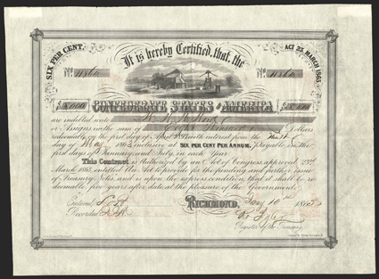 Act of March 23, 1863. $8,000. Cr. 134, B-268. No. 11864. Cotton gin and cotton press, top center. Handwritten denomination. Signed by Tyler. Folds, a top of grade VF.
According to the Ball bond book, only 9 were known to have been issued