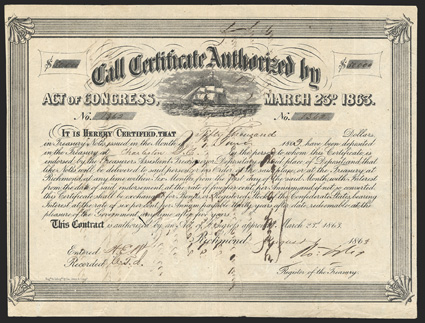 Act of March 23, 1863. $50,000. Cr. 135, B-275. No. 1362. Full rigged sailing ship, center. Signed by Tyler. Toned, show-through from transfer on verso, small hole in face,
but about VF. Ex. NASCA January 1983 Affleck Sale, Lot 6083.<