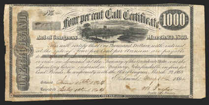 Act of March 23, 1863. $1000. Cr. 136, B-276. No. 9000. As previous. Signed by M. Taylor. Foxed, fold and edge wear, edges trimmed into border at top and bottom, stained along
left edge, about Fine. From The Holger Dreher Collection