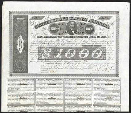 Act of April 30, 1863. $1000. Cr. 138, B-280, JNo. 4622.  JA Seddon. Signed by Tyler. 19 coupons. Minor edge wear, soiling to some coupons, but overall VF+.