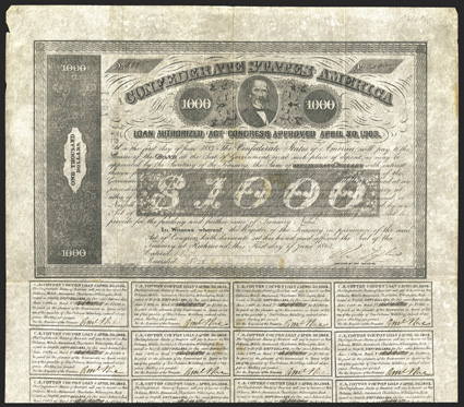 Act of April 30, 1863. $1000. Cr. 138, B-280. No. 2145. James A. Seddon, CSA Secretary of War. Signed by Tyler. 19 coupons below, one missing. Imprint Carine. Some dark
stains, edge and fold wear, VF. From The Holger Dreher Collec