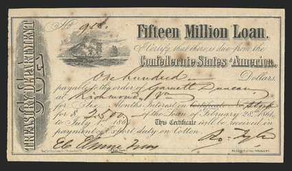 Act of February 11, 1864. $100. Cr. 139, B-284. No. 958. Sailing ship at left center, C.S.A. Treasury Department across left end. Signed by Tyler. Foxed, VF. From The Holger
Dreher Collection