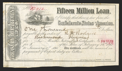 Act of February 11, 1864. $1000. Cr. 140, B-285. No. 12412. As previous, except interest from February 28, 1861 to January 1, 1865. On white paper. Red serial numbers.
Unsigned. Watermarked paper CSA in block letters with wavy border line. Li