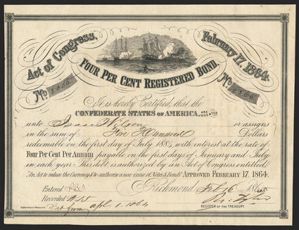 Act of February 17, 1864. $100. Cr. 141, B-286. No. 2365. Confederate ironclad Virginia sinking the Federal sloop Cumberland. No series. Signed by Tyler. Light toning, bit of
ink erosion, but about VF+.