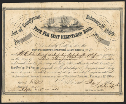 Act of February 17, 1864. $3000. Cr. 141C, B-292. No. 7. As previous. Issued to William Bee, of the Importing  Exporting Co. of South Carolina. Foxed, left edge trimmed to
border, fold and edge wear, toning, a very good Fine. From Th