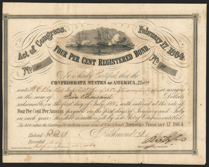 Act of February 17, 1864. $5000. Cr. 141D, B-294. No. 31. As previous, issued to William E. Bee. Signed by Tyler. Left end trimmed to border, odd offsetting from another bond,
foxed, a good Fine. From The Holger Dreher Collection