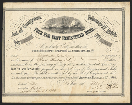 Act of February 17, 1864. $5000. Cr. 141D, B-294. No. 728. As previous. Signed by Tyler. Edge wear, dampstaining at bottom, soiled, left edge irregular, trimmed into border,
good Fine. From The Holger Dreher Collection
