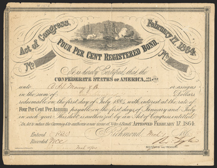 Act of February 17, 1864. $100. Cr. 141E, B-287. No. 1190. As previous, except 2nd Series written at upper left. Signed by Tyler. Upper left corner chipped, partial fold split
repaired on verso with paper, well toned, foxed, presents very w