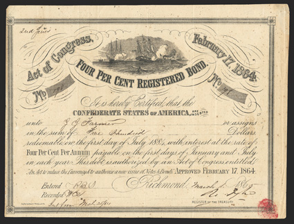 Act of February 17, 1864. $500. Cr. 141F, B-289. No. 198. As previous. Signed by Tyler. Well foxed, fold and edge wear, left corner trimmed to border, near top of grade Fine.
Only 256 of these were issued. From The Holger Dreher Colle