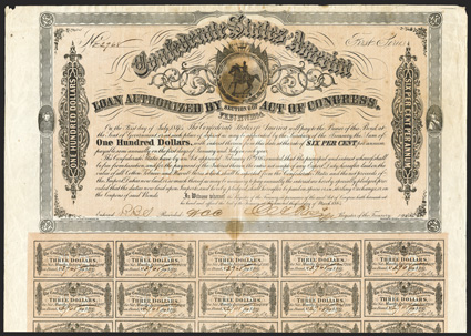Act of February 17, 1864. $100. Cr. 142, B-299. No. 2768. Equestrian statue of Washington, Deo Vindice, CSA Flags, Justice in left border, Liberty right border. First series.
Signed by Rose. One coupon used. Stains along central fold, minor