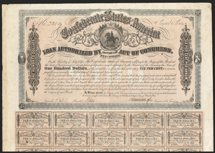 Act of February 17, 1864. $100. Cr. 142A, B-303. No. 3219. Second Series. As previous, except for Second Series. Signed by Apperson, though Ball only lists Rose. 59 coupons
below. Imprint 70. Edge wear including nicks, light foxing, V