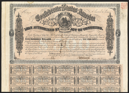 Act of February 17, 1864. $500. Cr. 143A, B-311. Trans-Mississippi Bond. No. 2378. Second Series. As previous, except red and black stamp on back for Marshall, Texas, and
endorsed by M. J. Hall, the CSA Depositary. Signed by Apperson. 59 co
