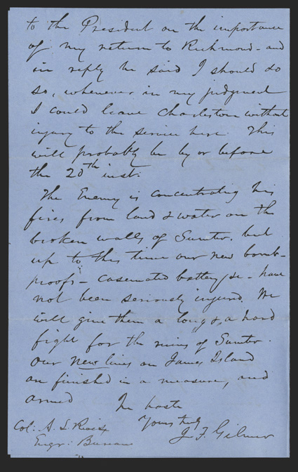 Gilmer, Jeremy F American soldier (1818-83) Chief Engineer of the Confederate Army, he directed the defenses of Charleston and Atlanta severely wounded at Shiloh. Uncommon
Autograph Letter Signed J.F. Gilmer as Chief Engineer, 4 pages,