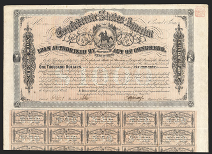 Act of February 17, 1864. $1000. Cr. 144A, B-323. Trans-Mississippi Bond. No. 4011. Second Series. As previous except for out of range serial number with the Second Series on
this particular bond. Signed by Apperson. 59 coupons below. Fol