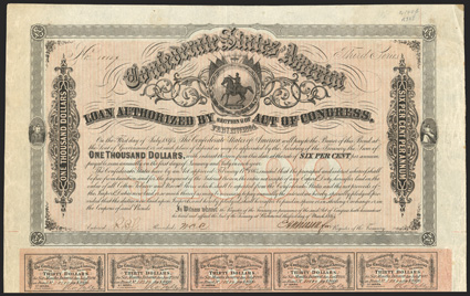 Act of February 17, 1864. $1000. Cr. 144B, B-325. No. 10109. Third Series. As previous. On thin paper. Signed by Apperson. Imprint 55. 59 coupons below. Edge wear and
staining, folds, about VF. From The Holger Dreher Collection