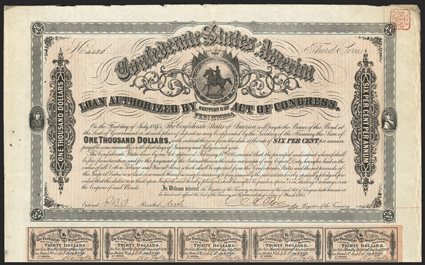 Act of February 17, 1864. $1000. Cr. 144B, B-325. No. 4486. Third Series. As previous. Rose signature unlisted in Ball. Imprint 68 at bottom left. 59 coupons below. Edge wear
and soiling, spots, VF. From The Holger Dreher Coll